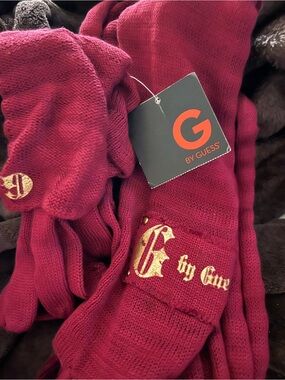 Women G by Guess Burgundy Knit Scarf and Gloves  with Gold Embroidered Logo